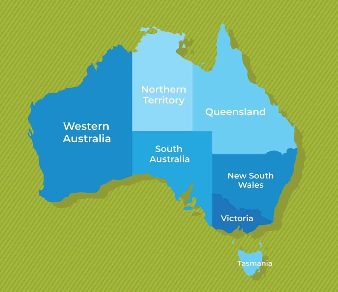 Australia carta geografica con nomi di il regioni blu politico carta geografica verde sfondo vettore illustrazione
