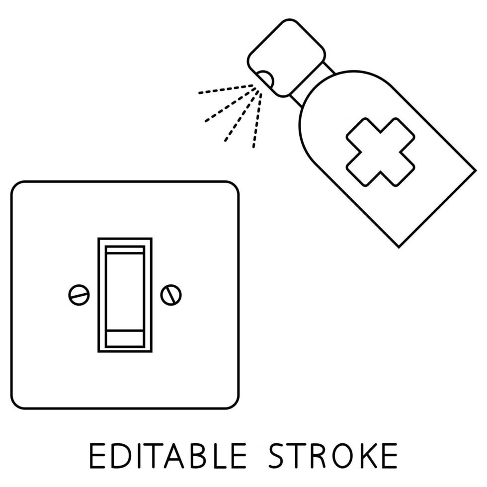 disinfezione interruttori luce. pulizia delle superfici, sanificazione degli ambienti. disinfezione dell'interruttore dai batteri. interruttore della luce e spray disinfettante antibatterico. antisettico. vettore