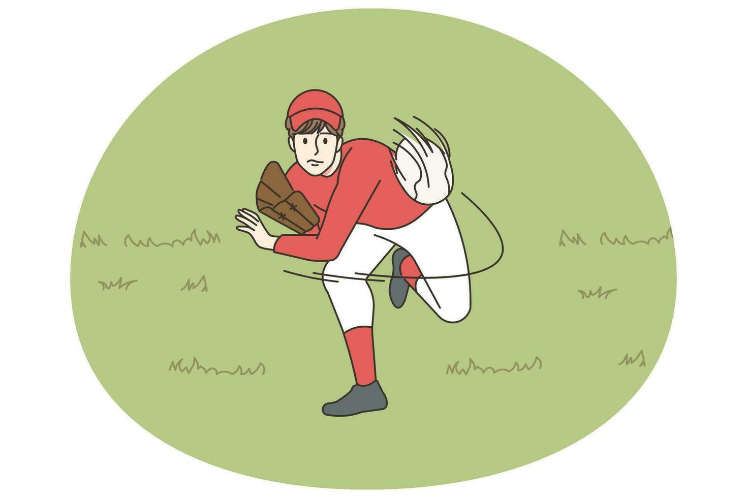 sportivo giocando baseball su campo. uomo nel uniforme lancio palla impegnato nel sport gioco. passatempo e tempo libero. vettore illustrazione.