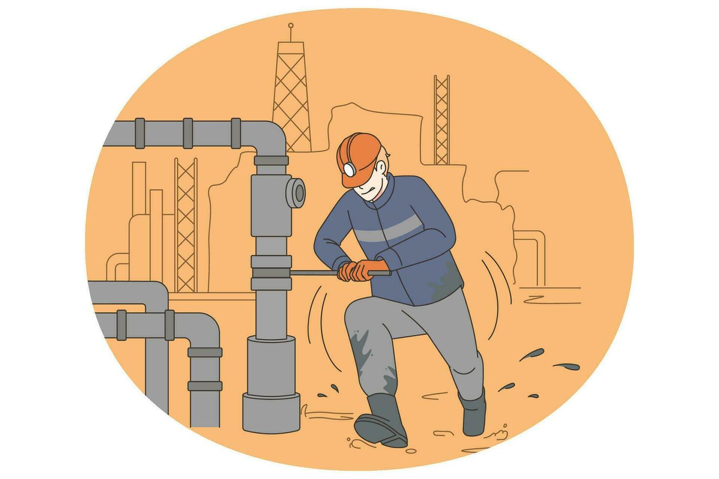 maschio lavoratore nel uniforme Lavorando a olio produzione luogo. scavatrice riparazione tubo a costruzione o produzione la zona. vettore illustrazione.