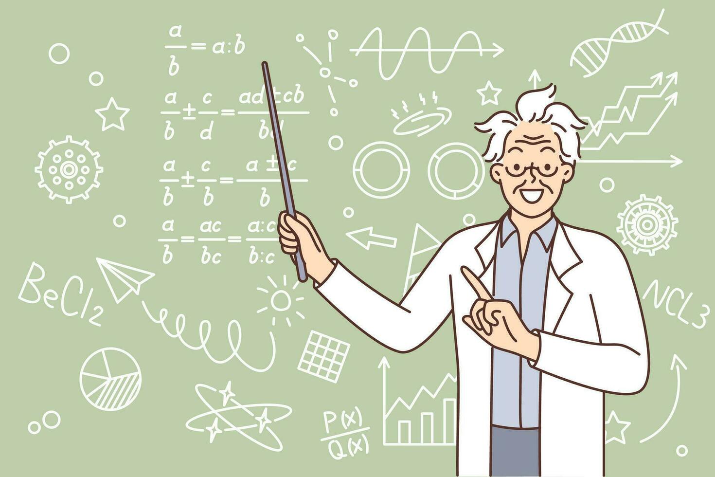 pazzo scienziato punti per formule scritto su lavagna e insegna bambini a partire dal scuola matematica. pazzo insegnante con ispido capelli è vestito nel bianca cappotto e spiega soluzione per problema per studenti vettore