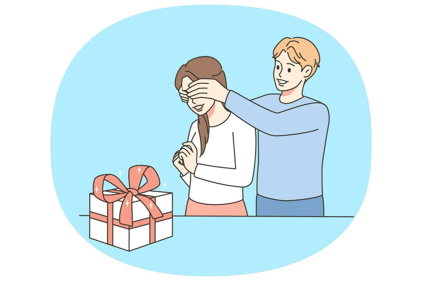 uomo vicino donna occhi fabbricazione sorpresa. maschio amante congratularsi salutare femmina presente regalo scatola su compleanno o speciale occasione. vettore illustrazione.