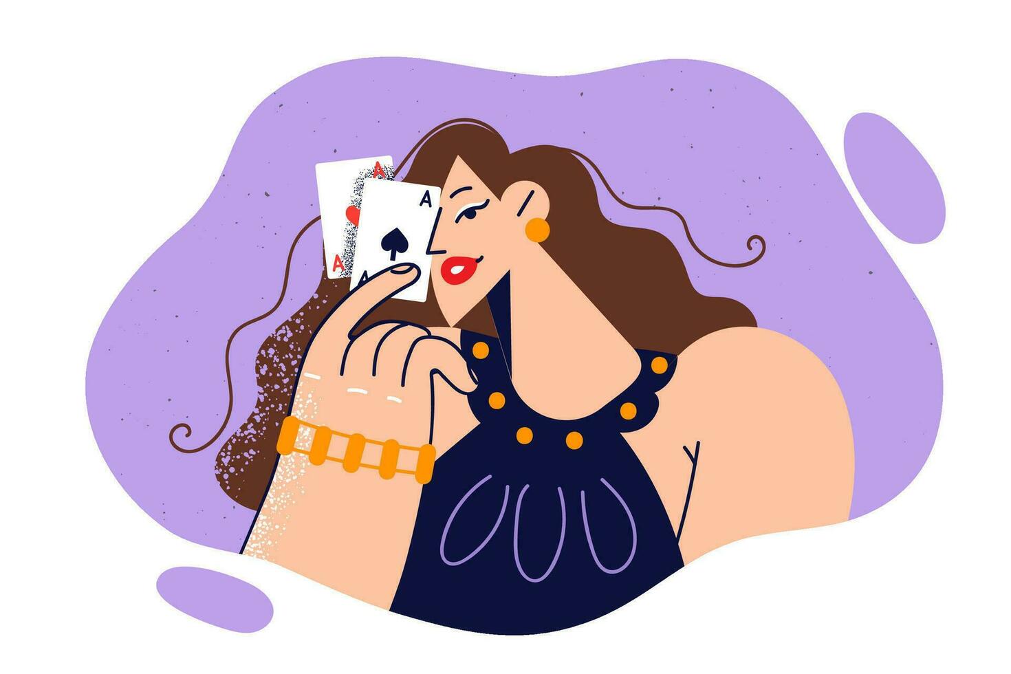 donna con Due carte giochi manganello e dimostra vincente combinazione di assi quello consente per raccogliere su denaro contante premio. misterioso ragazza invita per giocare e provare fortuna a manganello o poker vettore