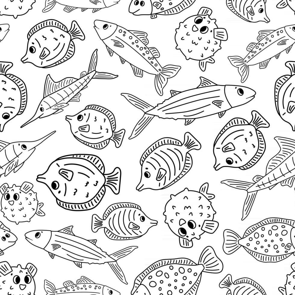 modello di doodle animale senza cuciture bianco nero. set di contorno isolato cartone animato vettore pesce, tang, passera, tonno, burrfish oceanico, marlin di mare. illustrazione per colorare libri per bambini o stampe