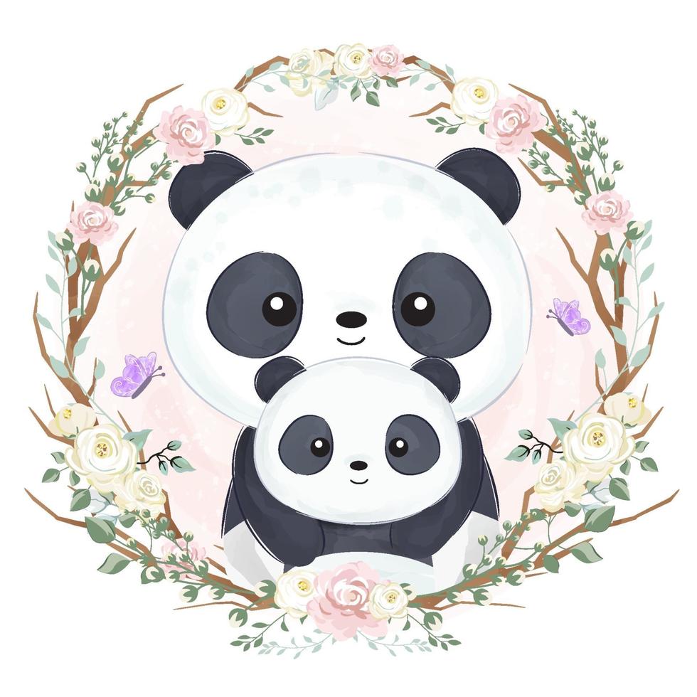 carino mamma e bambino panda in illustrazione ad acquerello vettore