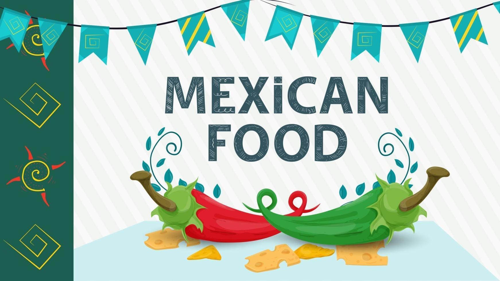 cibo messicano illustrazione per il design piatto lettering nome pepe nero e verde spezie si trovano accanto a pezzi di formaggio vettore