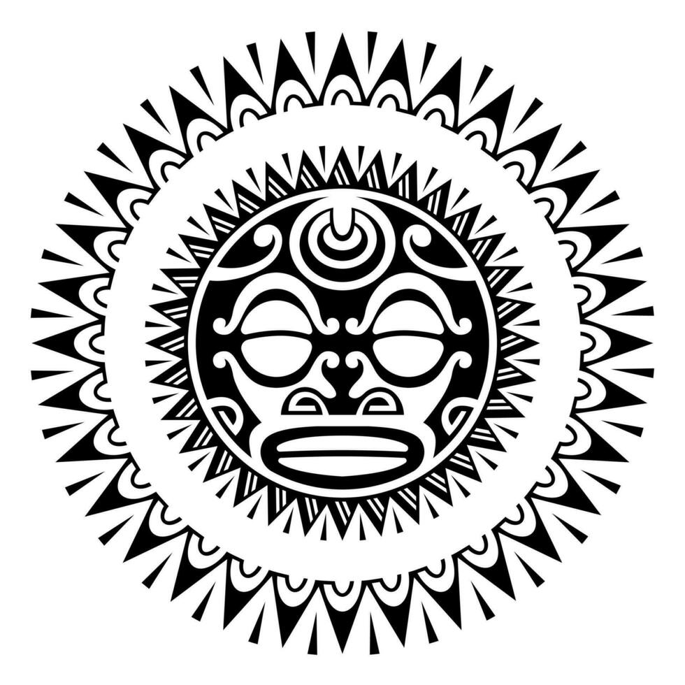 il giro tatuaggio ornamento con sole viso maori stile. africano, aztechi o Maya etnico maschera. nero e bianca vettore