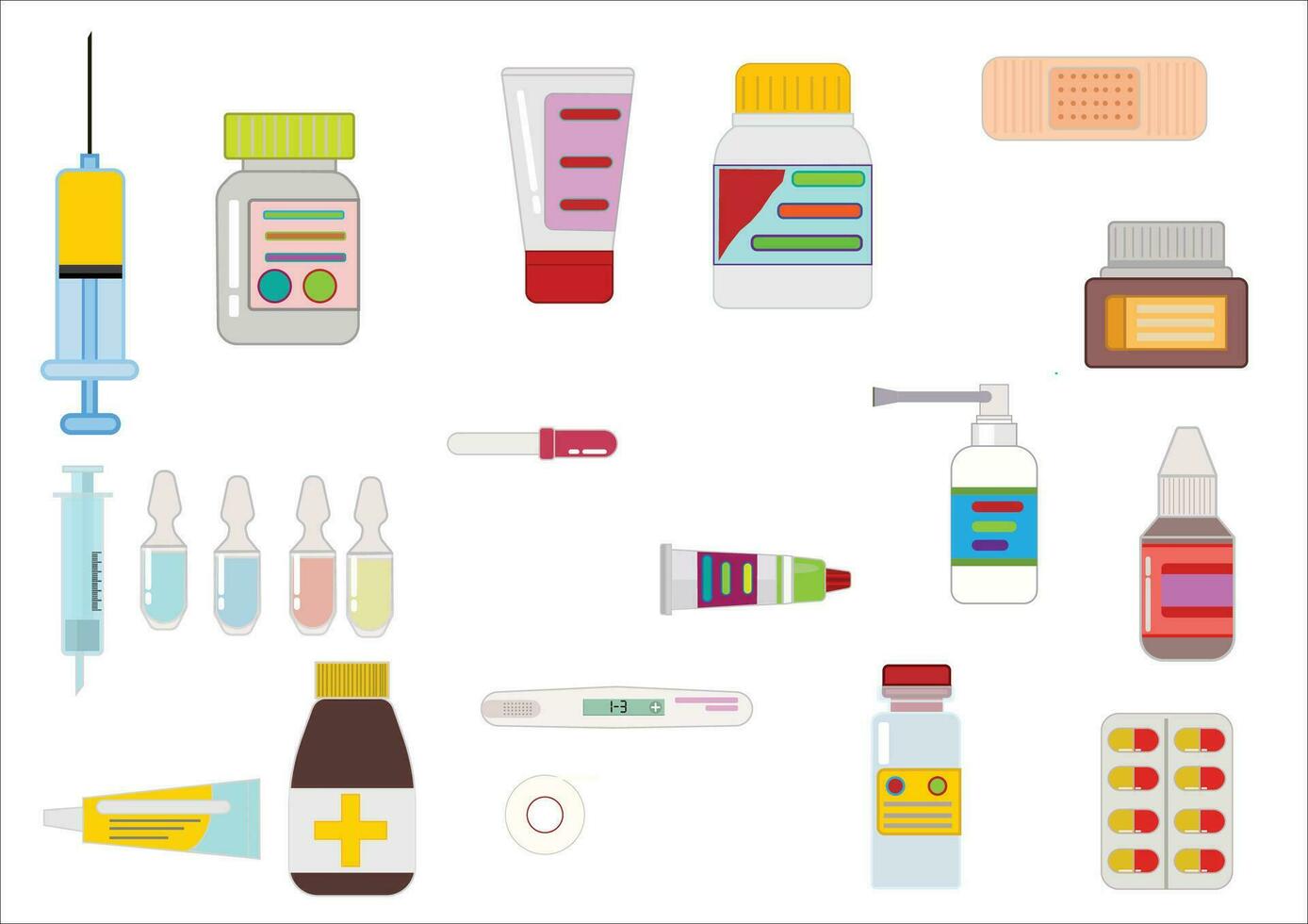 impostato di medicina bottiglie e pillole collezione. bottiglie di farmaci. compresse, capsule vitamine. vettore piatto illustrazione e Salute stile.