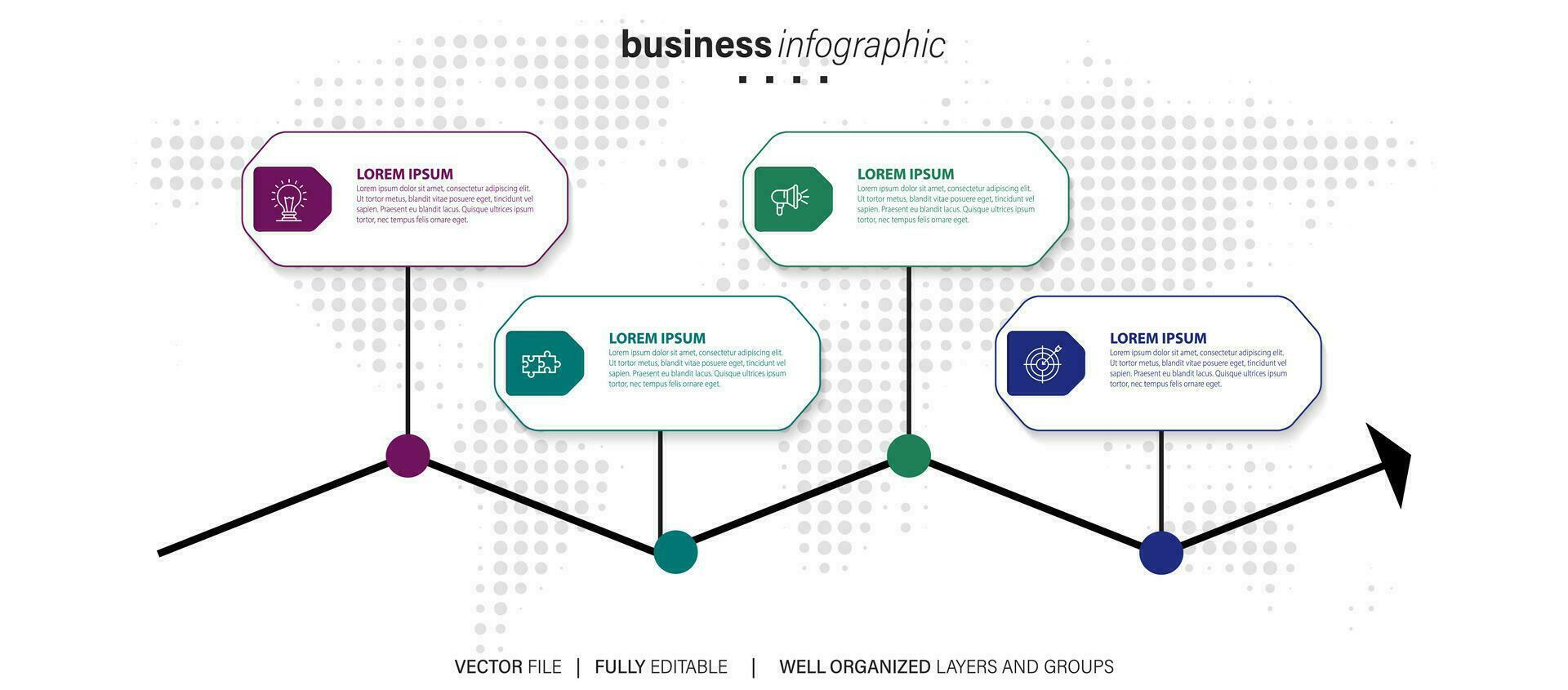 vettore Infografica modello con quattro passaggi o opzioni. illustrazione presentazione con linea elementi icone. attività commerciale concetto design può essere Usato per ragnatela, opuscolo, diagramma