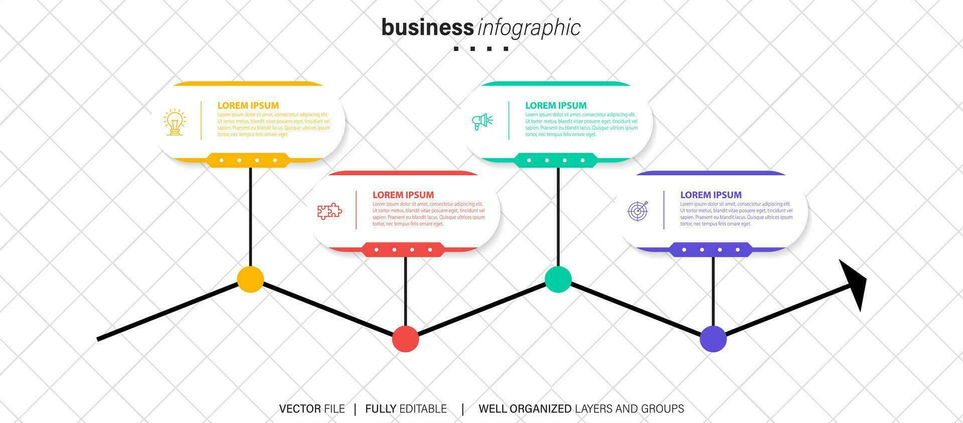 sequenza temporale Infografica con grafico informativo. moderno presentazione modello con 4 passaggi per attività commerciale processi. sito web modello su bianca sfondo per concetto moderno design. orizzontale disposizione. vettore