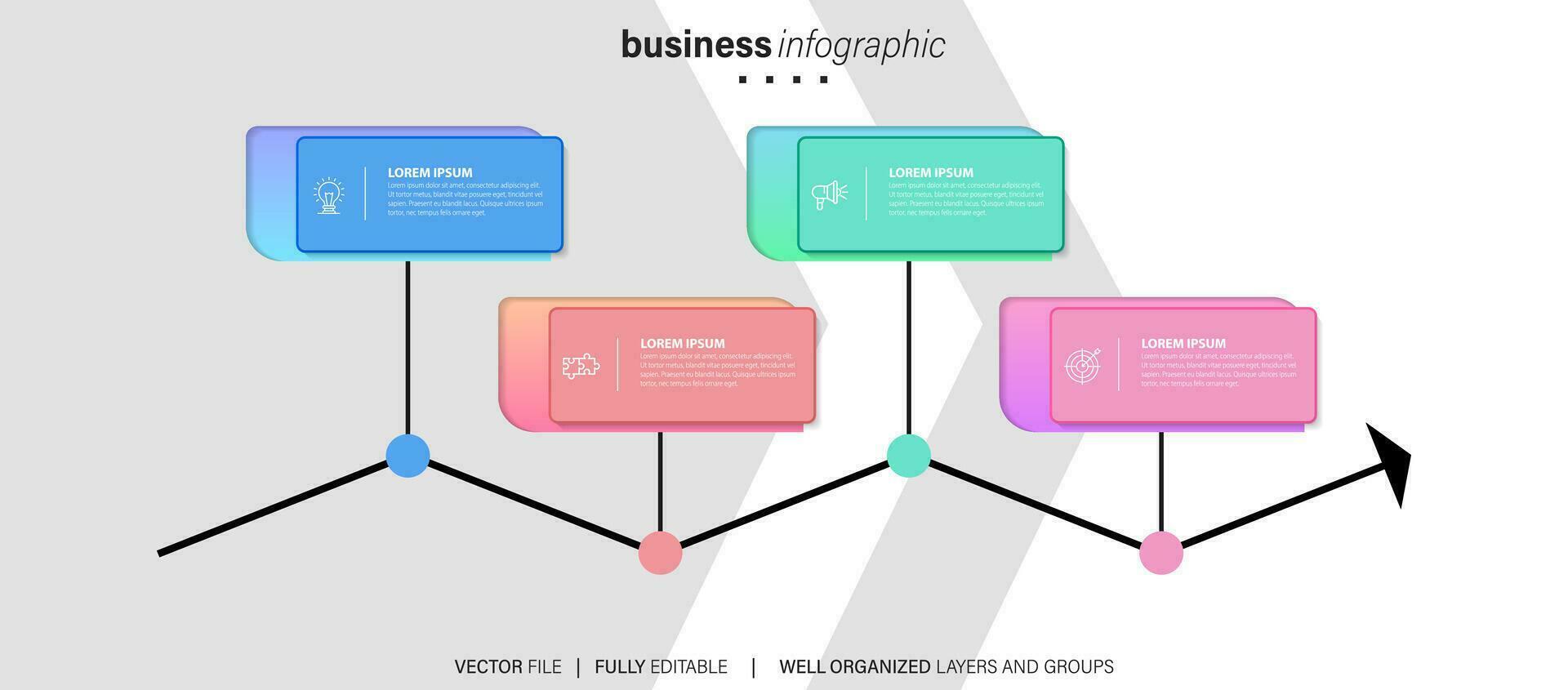 concetto di attività commerciale modello con 4 successivo passi. quattro colorato grafico elementi. sequenza temporale design per opuscolo, presentazione. Infografica design disposizione vettore