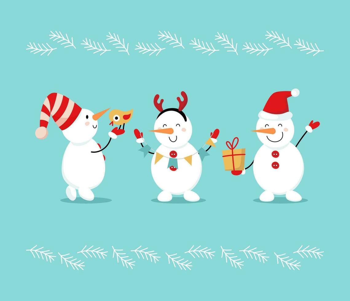 allegro Natale. contento nuovo anno. allegro carino pupazzi di neve per saluto carta, striscione, manifesto. vettore cartone animato illustrazione nel piatto stile.