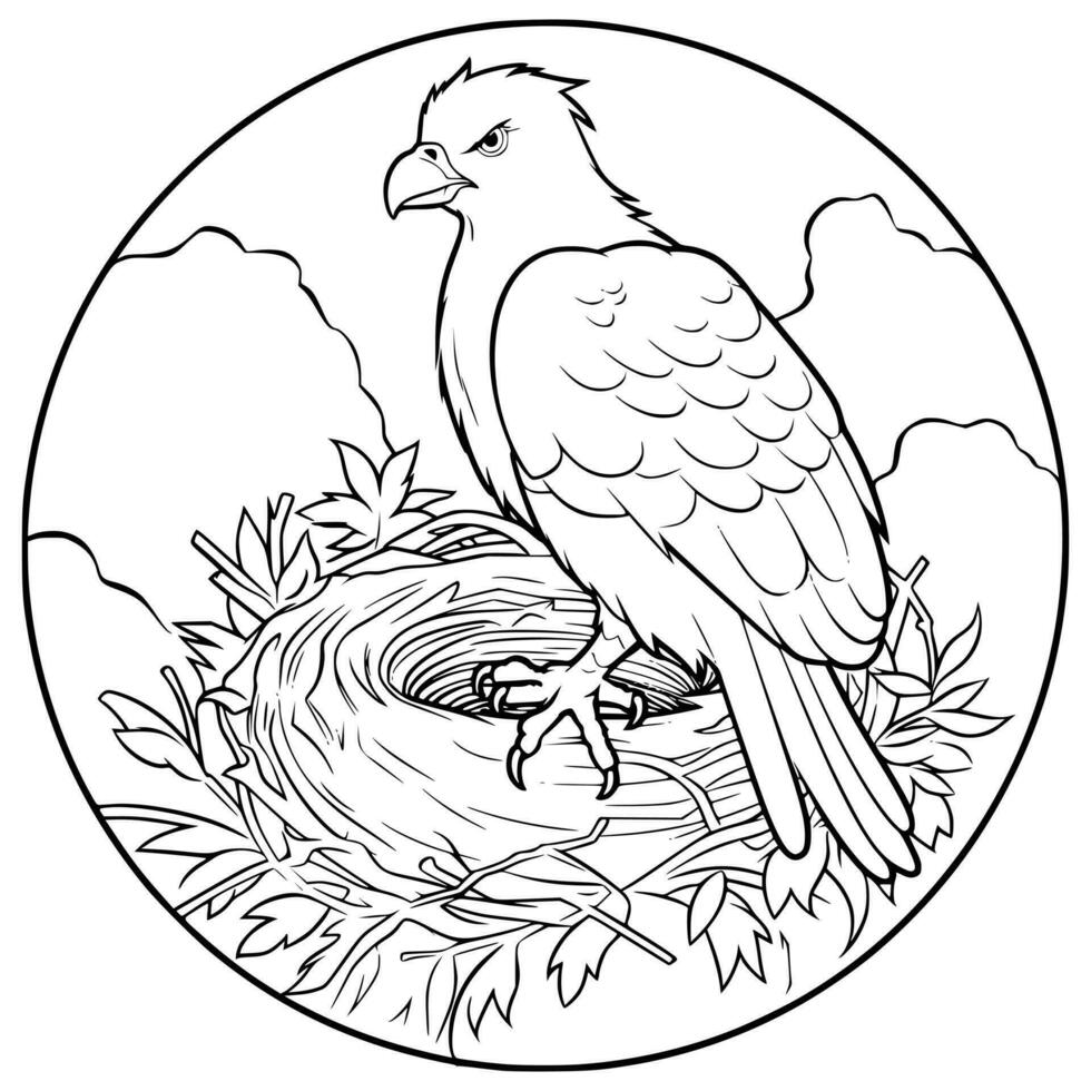 un' uccello si siede nel un' nido colorazione pagina per bambini vettore