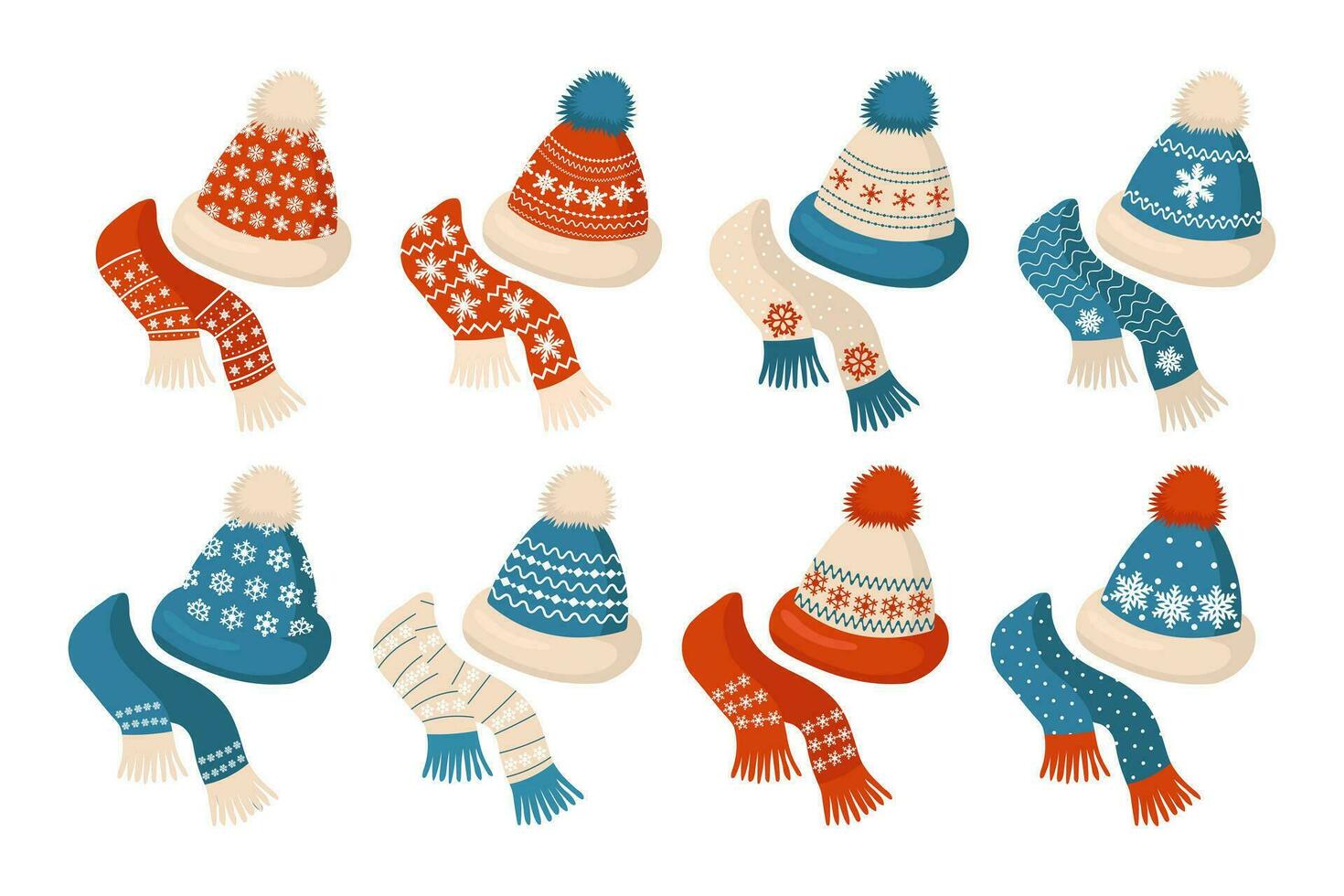 un' impostato di inverno a maglia cappelli e sciarpe con un ornamento di fiocchi di neve. arredamento elementi, vettore