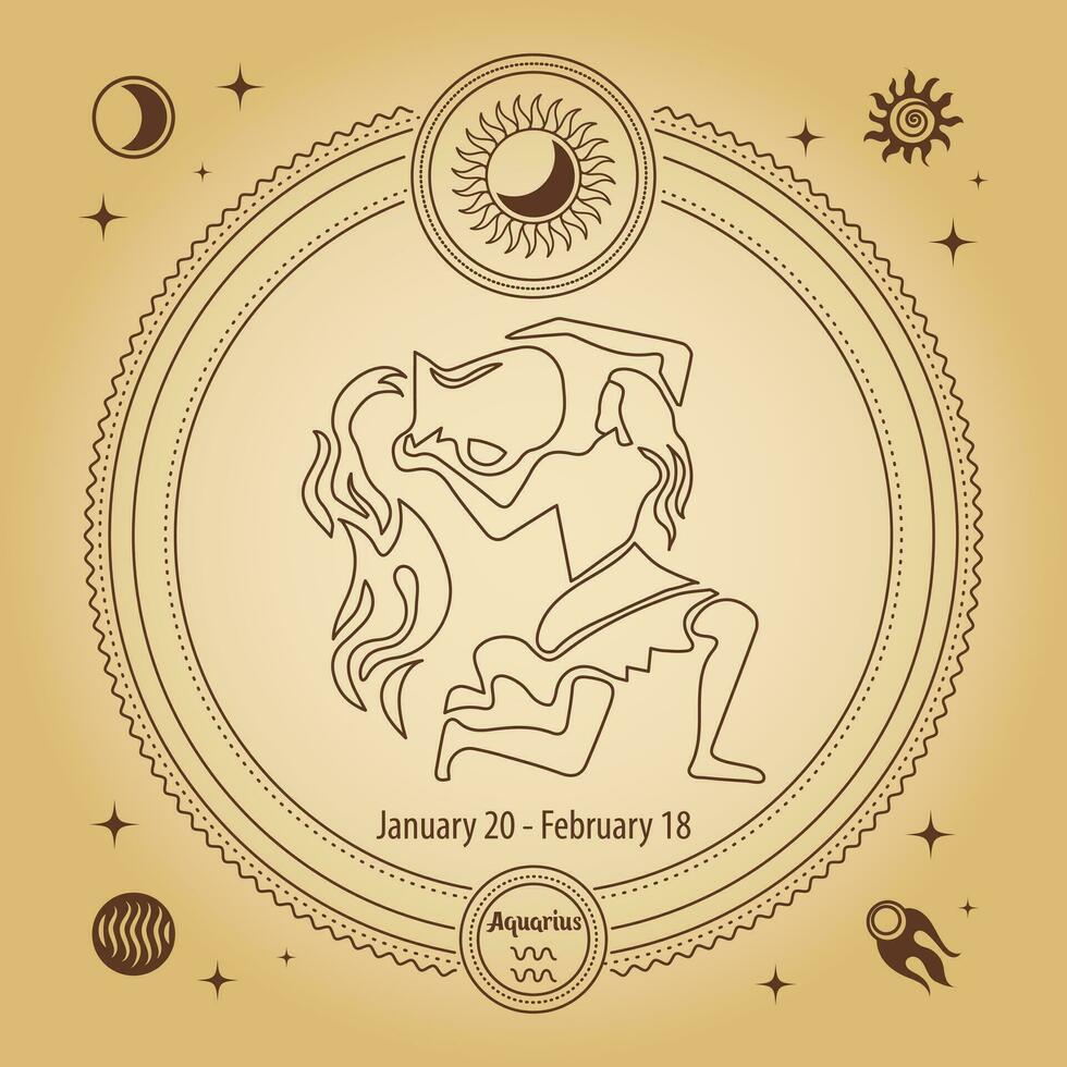 Acquario zodiaco cartello, astrologico oroscopo cartello. schema disegno nel un' decorativo cerchio con mistico astronomico simboli. vettore
