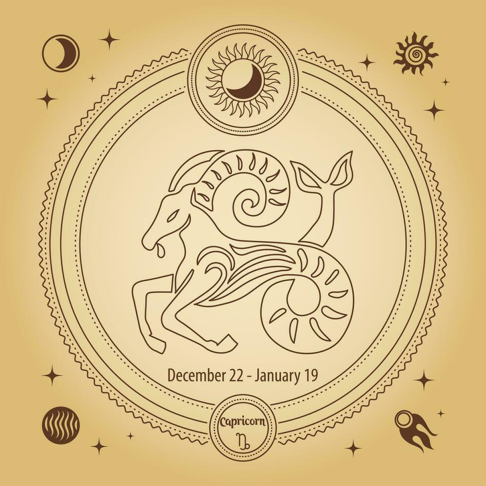 Capricorno zodiaco cartello, astrologico oroscopo cartello. schema disegno nel un' decorativo cerchio con mistico astronomico simboli. vettore