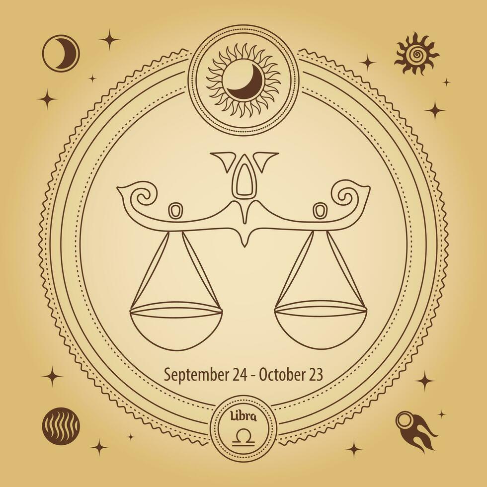 Libra zodiaco cartello, astrologico oroscopo cartello. schema disegno nel un' decorativo cerchio con mistico astronomico simboli. vettore