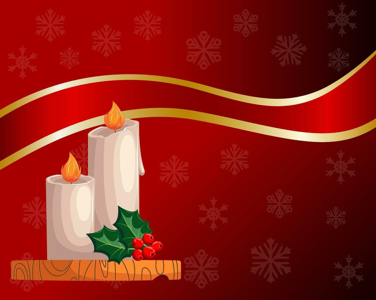 Natale brillante rosso sfondo con candele, agrifoglio, frutti di bosco e nastro su fiocco di neve sfondo. Stampa, manifesto, vettore
