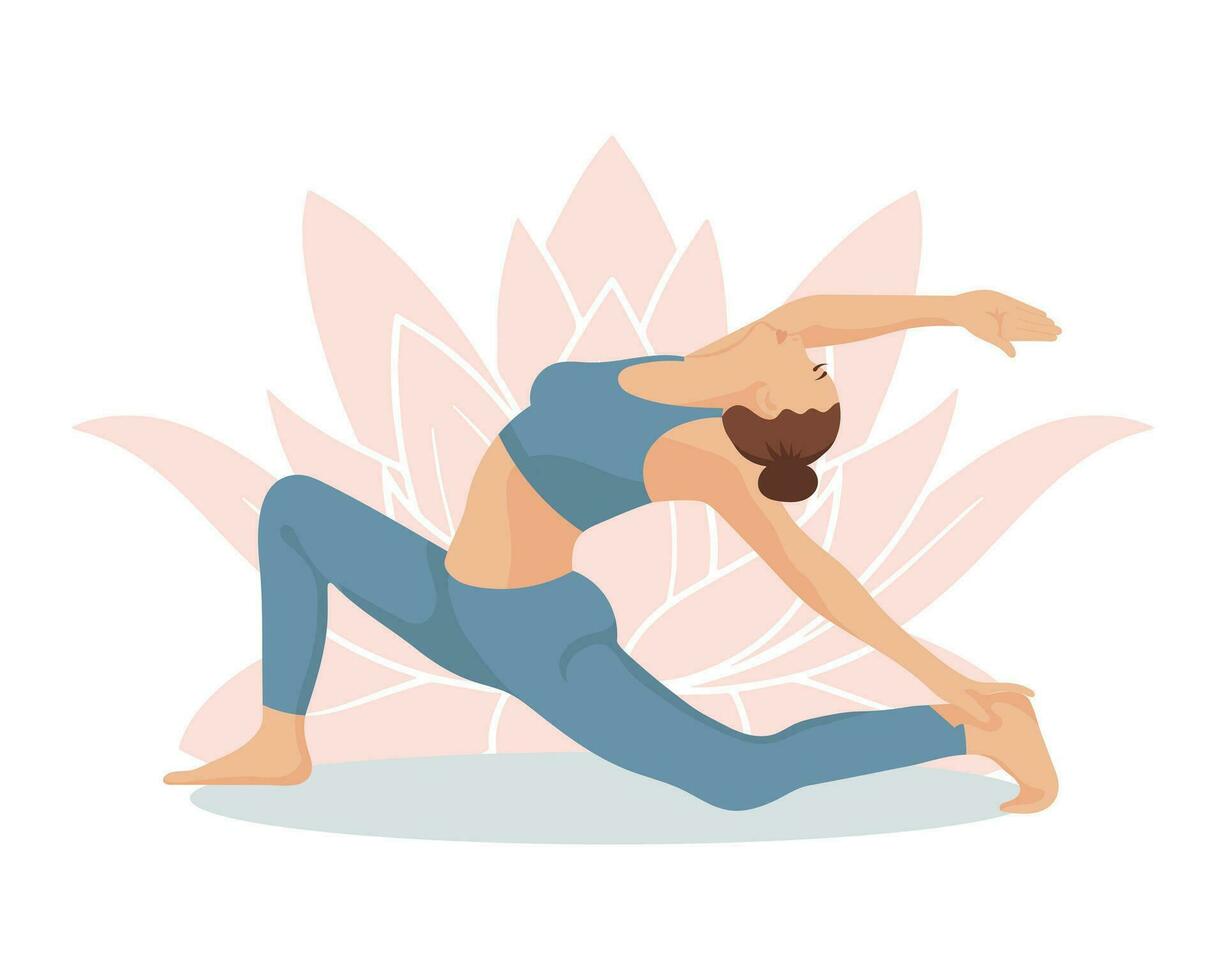 giovane bellissimo donna nel un' yoga posa su il sfondo di un' loto fiore. gli sport, salutare stile di vita. illustrazione, vettore