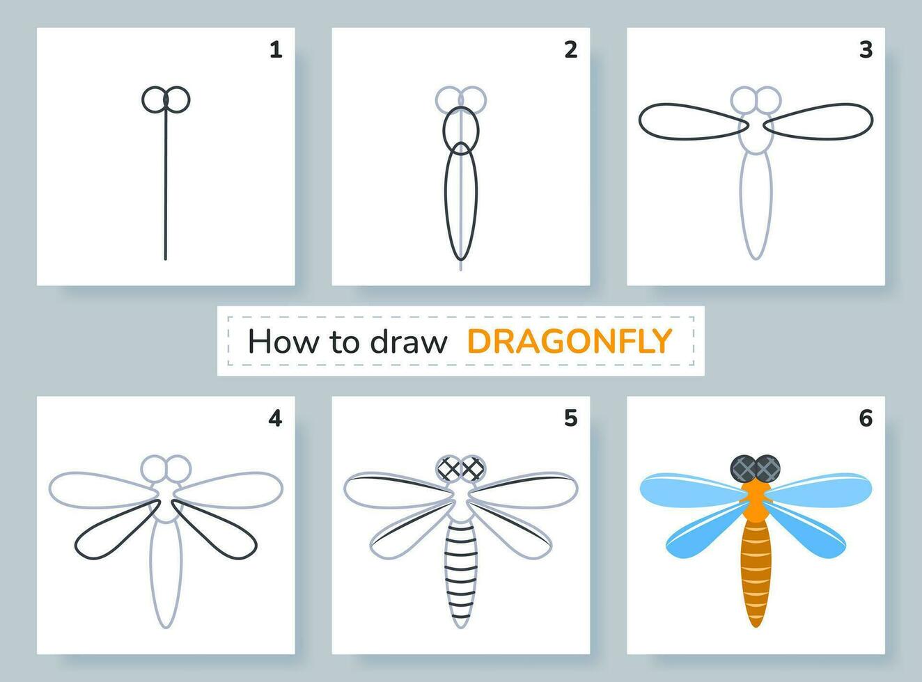 disegno tutorial. Come per disegnare libellula. formazione scolastica e attività pagina per prescolastico e scuola bambini. bambini foglio di lavoro. passo di passo arte Lezioni con insetto. vettore illustrazione.