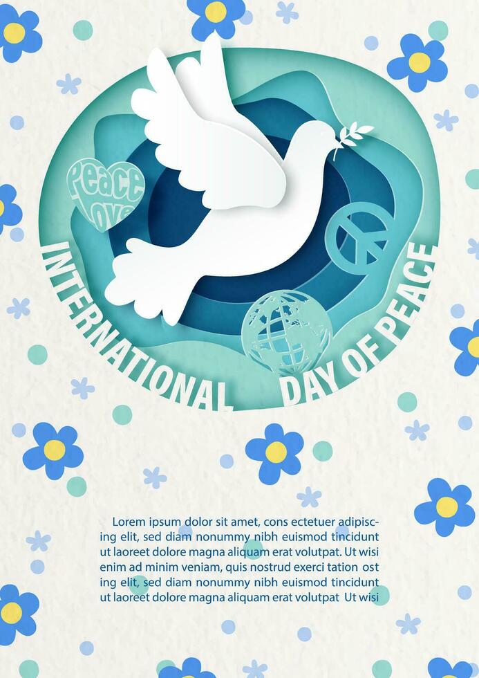 bianca Piccione volante su pace simboli e il nome di evento con fiori modello sfondo. di poster campagna di internazionale pace giorno nel carta tagliare stile e vettore design.
