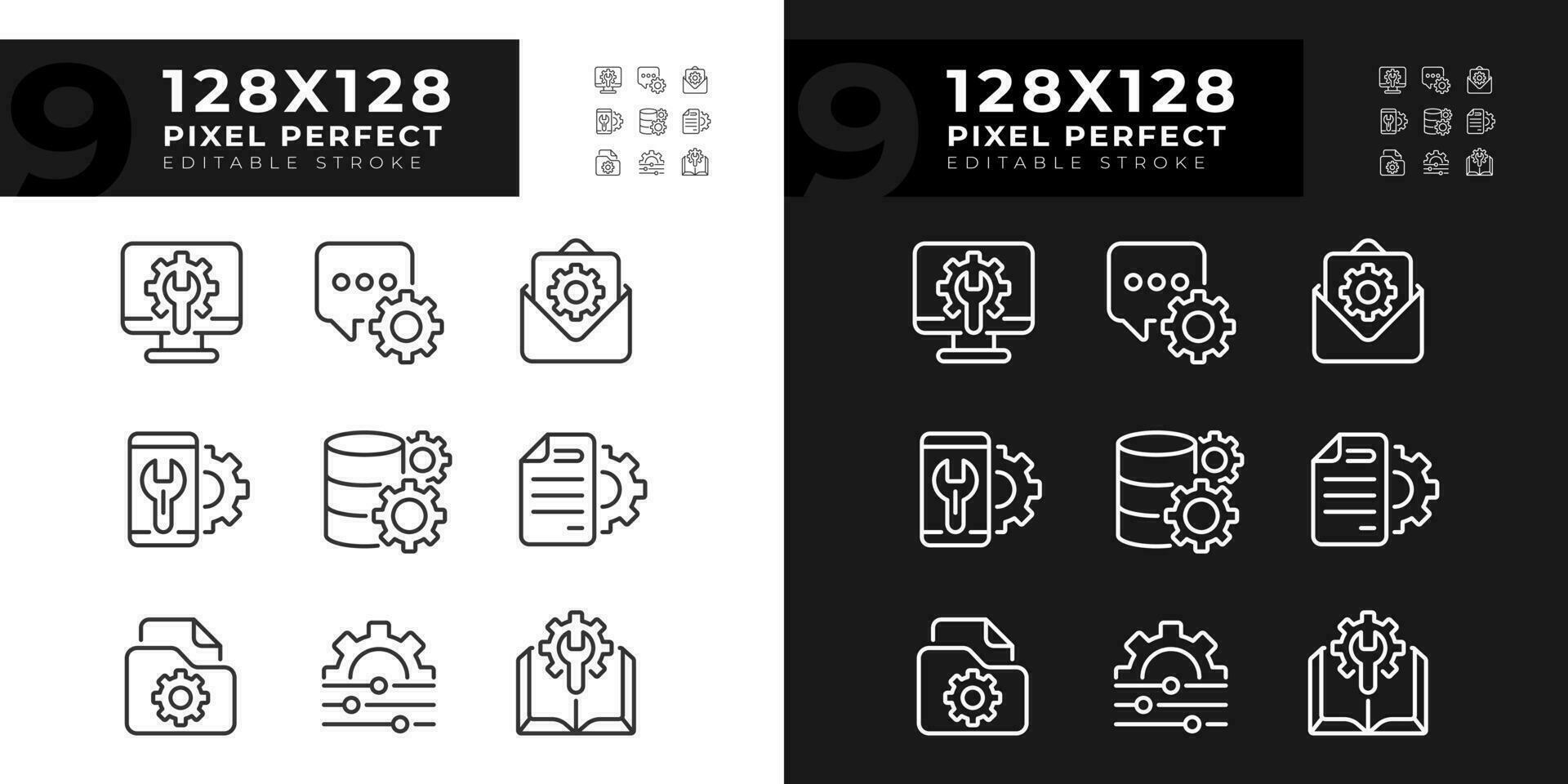 tecnico configurazione pixel Perfetto lineare icone impostato per scuro, leggero modalità. computer e smartphone impostazioni. magro linea simboli per notte, giorno tema. isolato illustrazioni. modificabile ictus vettore