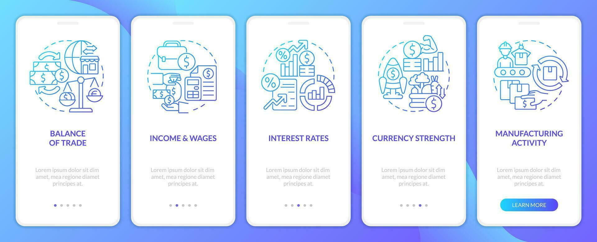 economico indicatori esempi blu pendenza onboarding mobile App schermo. Procedura dettagliata 5 passaggi grafico Istruzioni con lineare concetti. ui, ux, gui modello vettore