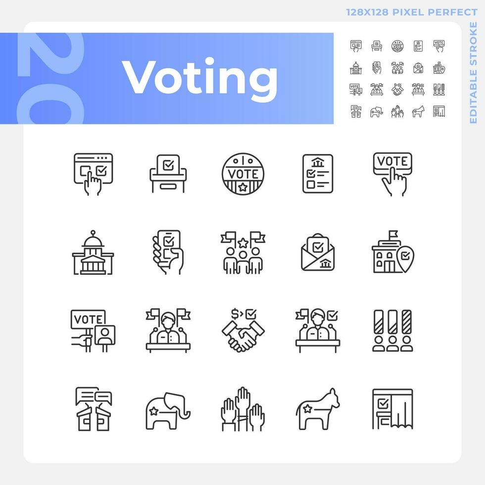 pixel Perfetto voto magro linea icone impostare, isolato vettore illustrazione che rappresentano elezione, modificabile simboli