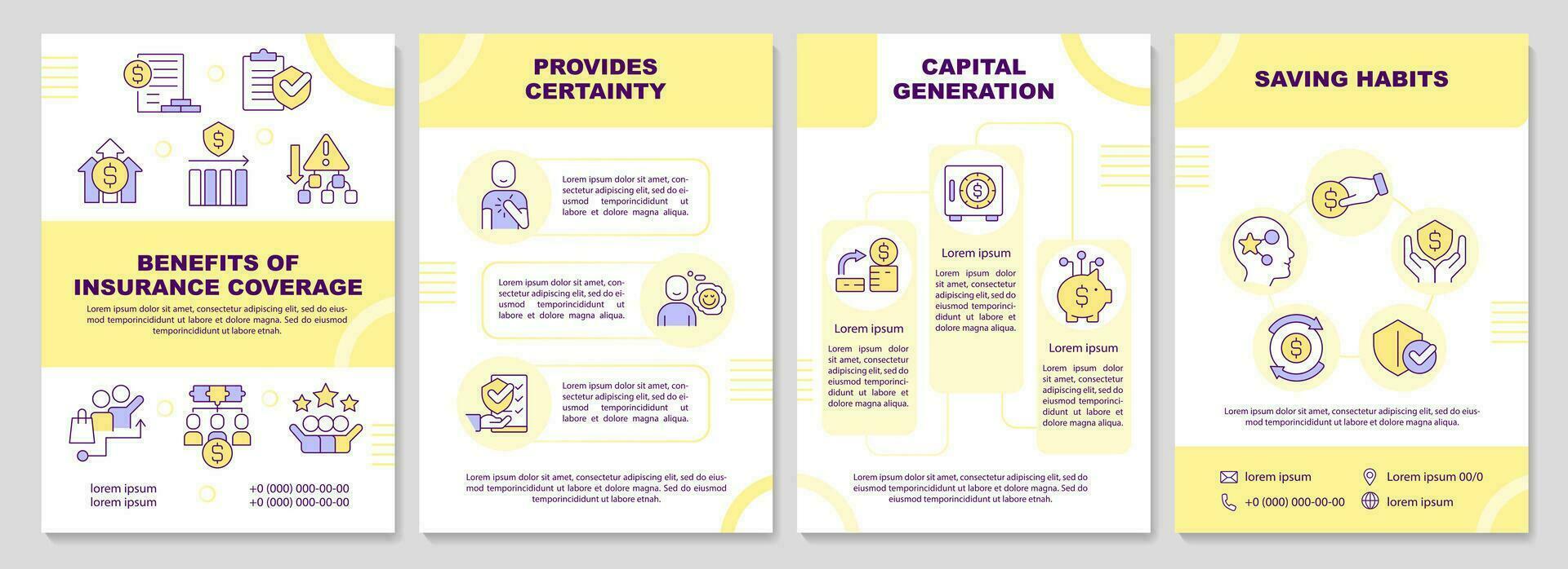 benefici di assicurazione copertura giallo opuscolo modello. volantino design con lineare icone. modificabile 4 vettore layout per presentazione, annuale rapporti