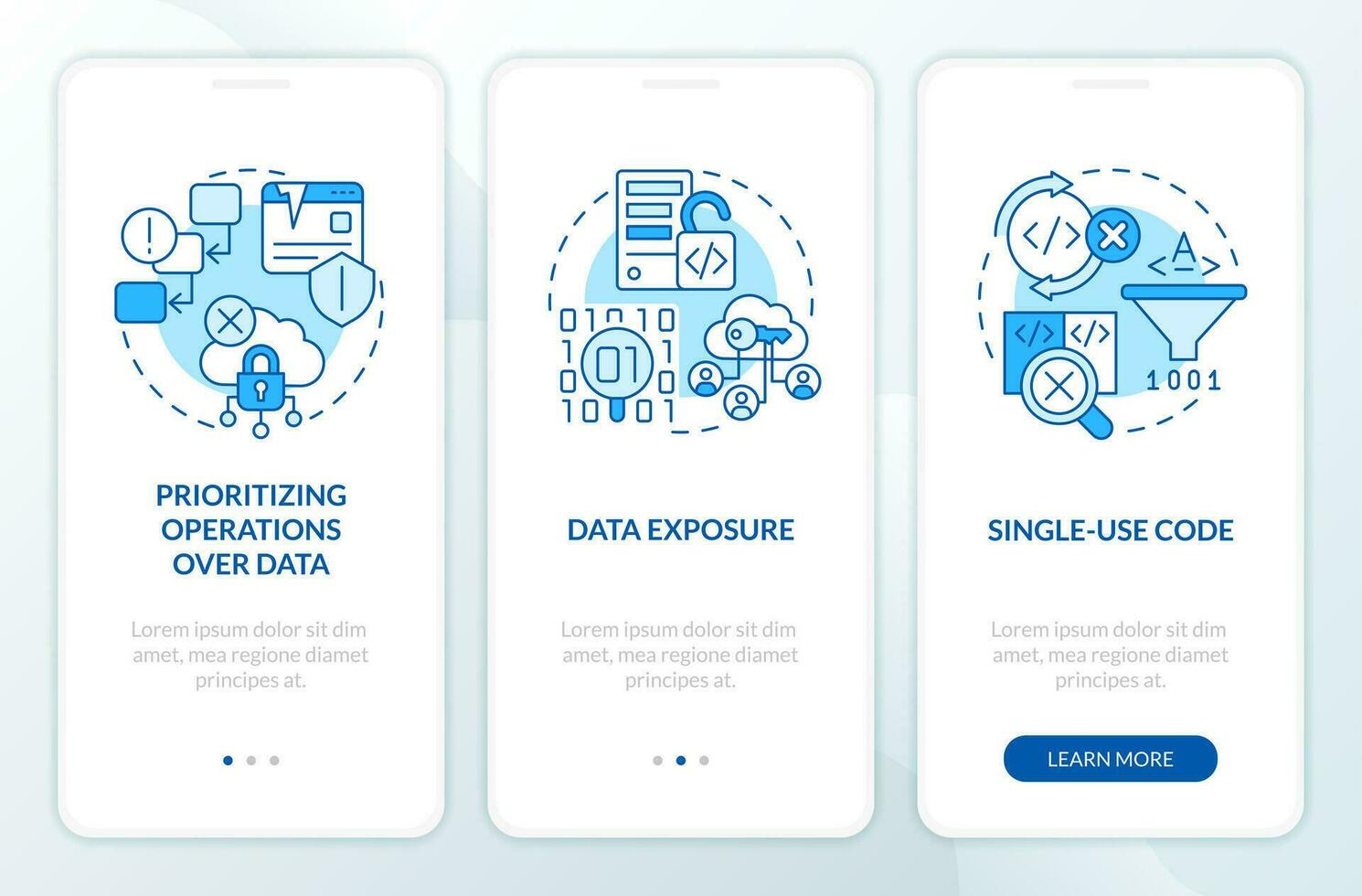 procedurale programmazione svantaggi blu onboarding mobile App schermo. Procedura dettagliata 3 passaggi modificabile grafico istruzione con lineare concetti. ui, ux, gui modello vettore