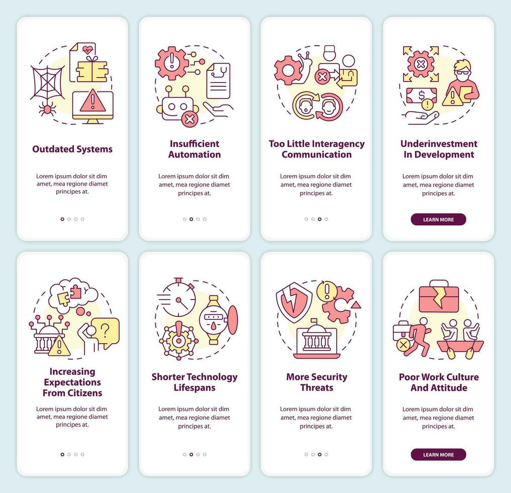 pubblico settore problemi e sfide onboarding mobile App schermo impostare. Procedura dettagliata 4 passaggi modificabile grafico Istruzioni con lineare concetti. ui, ux, gui modello vettore