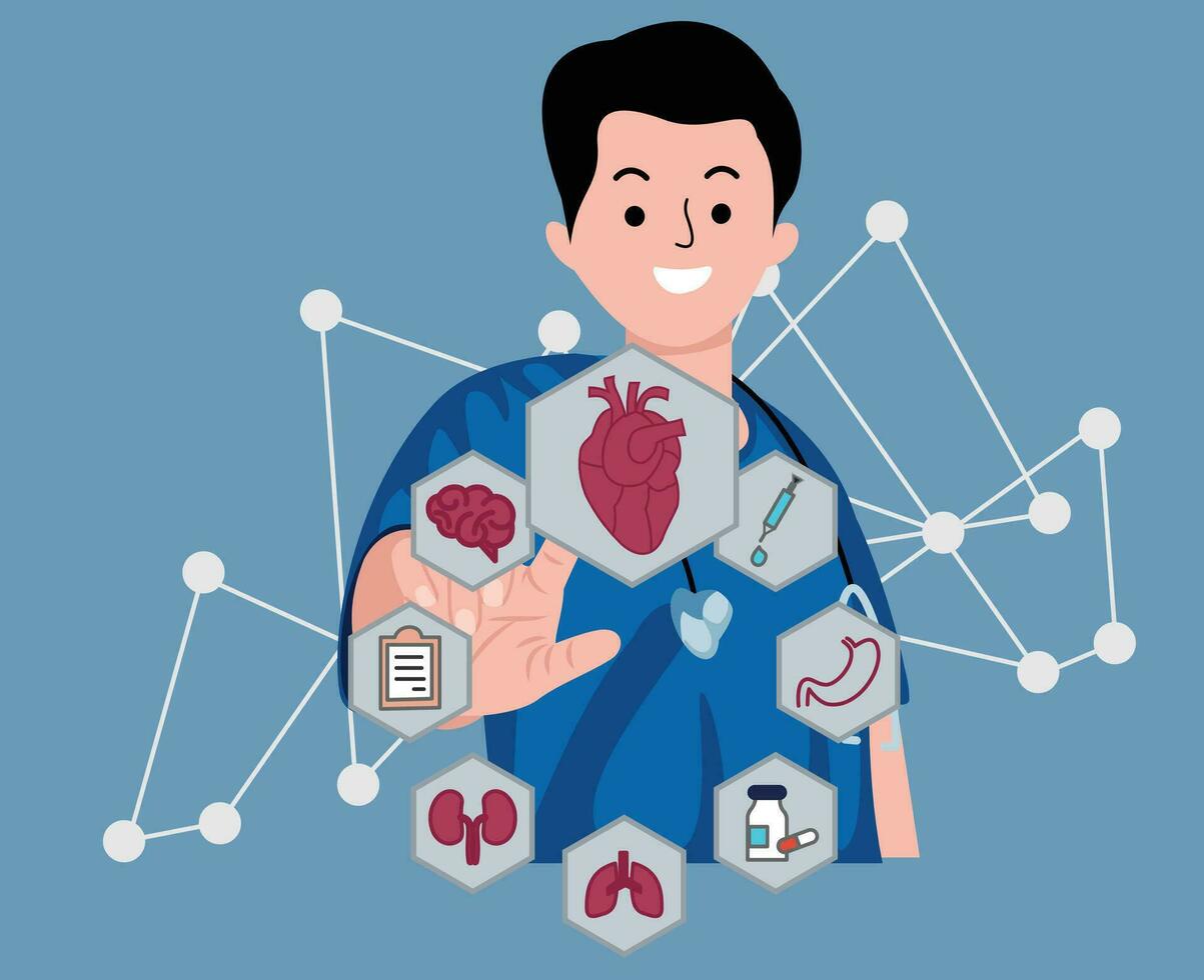 cardiologo medico esaminare paziente cuore funzioni e sangue nave su virtuale interfaccia. medico tecnologia per diagnosticare cuore disturbo e malattia di cardiovascolare sistema vettore