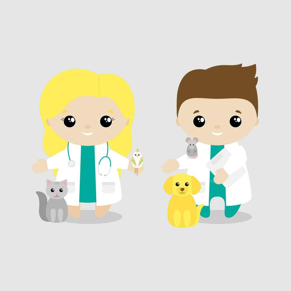 ragazzo e ragazza veterinario cartone animato stile. impostato di carino cartone animato bambini nel professioni. vettore illustrazione