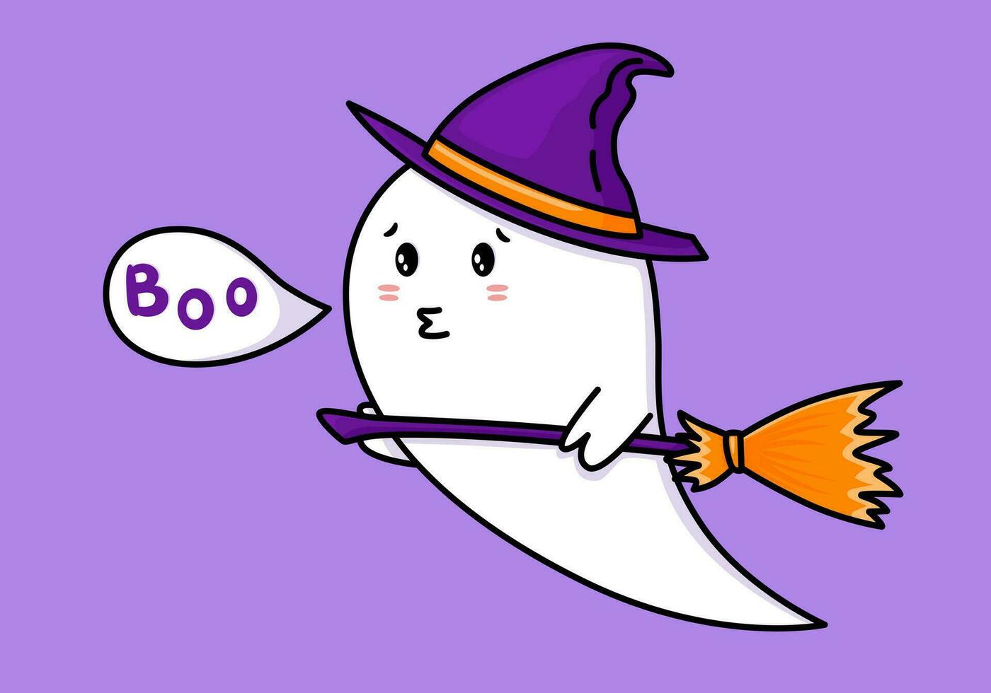 carino fantasma. Halloween fantasma personaggio nel streghe cappello e con scopa dire boh. spaventoso espressione creatura. etichetta emoticon. vettore illustrazione