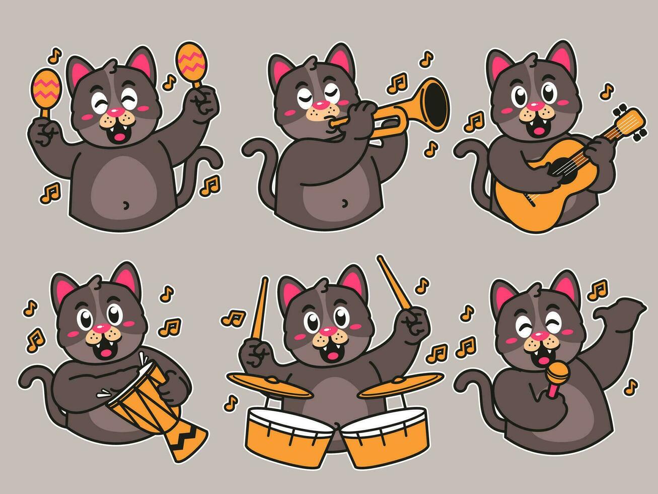 nero gatto cartone animato etichetta giocando musica vettore