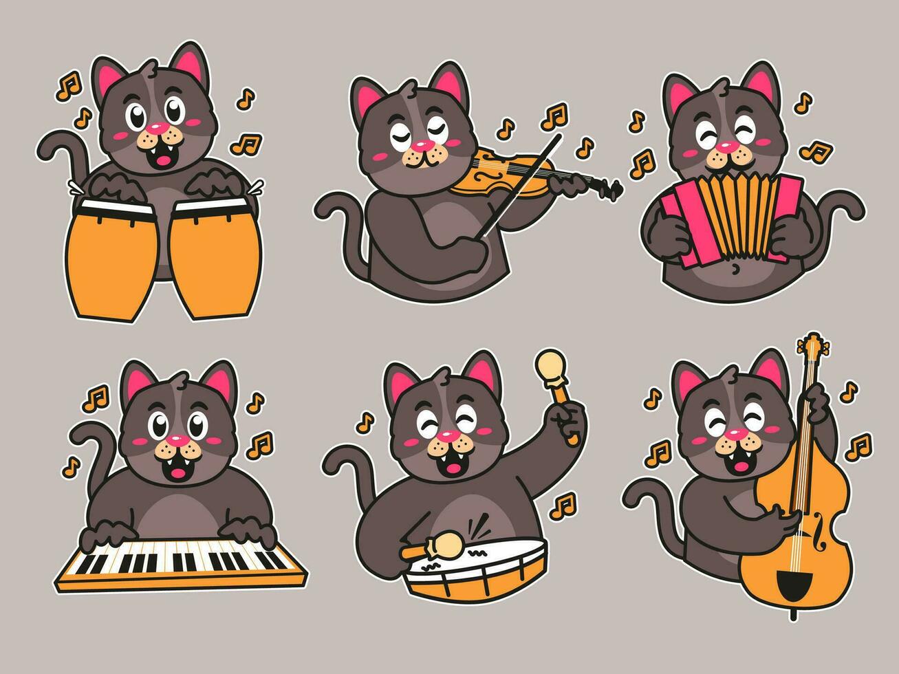 nero gatto cartone animato etichetta giocando musica vettore