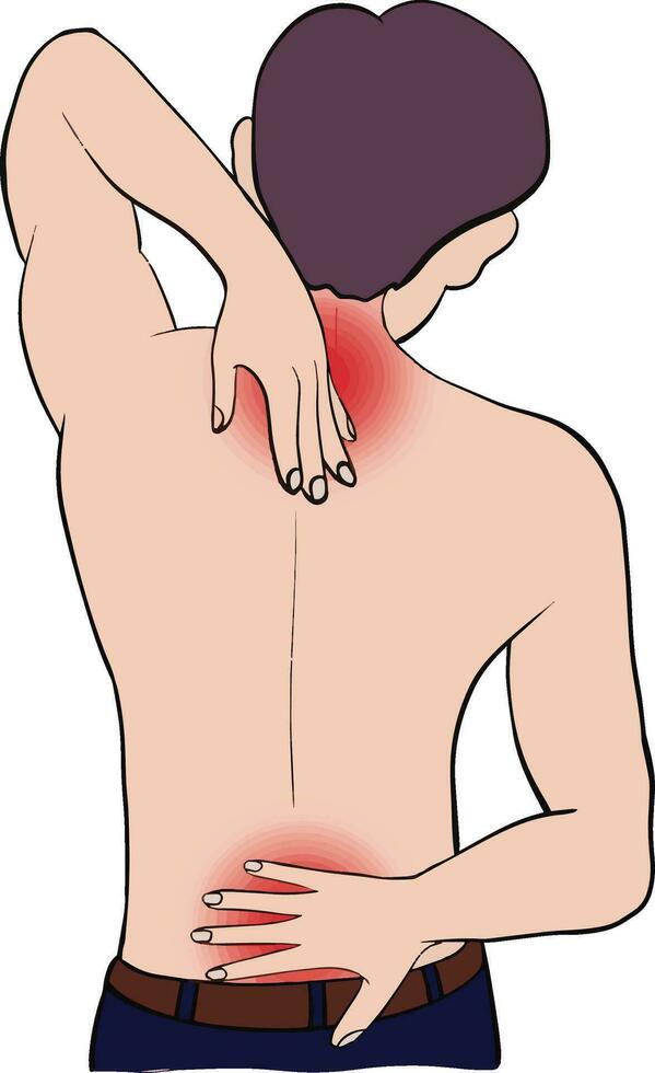 uomo avere dolore nel collo, spalla e mal di schiena ,stressato persone sofferenza a partire dal indietro dolore, tensione e infortunio nel il suo nuca di collo vettore