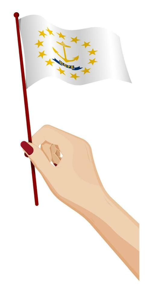 femmina mano delicatamente detiene piccolo bandiera di americano stato di rhode isola. vacanza design elemento. cartone animato vettore su bianca sfondo