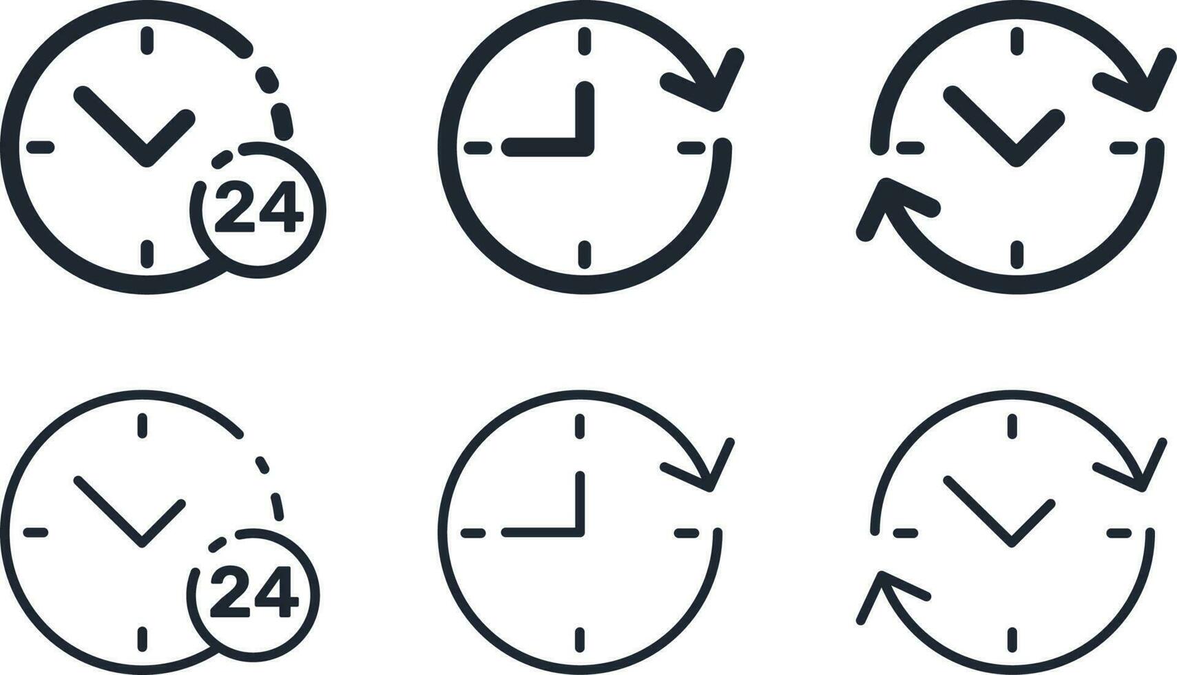 24 ore, 24-7, orologio icona. orologio icona impostare. tempo orologio icone collezione. linea orologi simbolo isolato su bianca sfondo, azione vettore. vettore