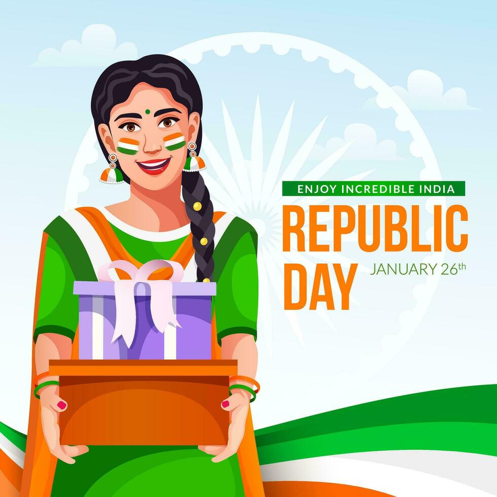 26th gennaio repubblica giorno di India celebrazione, vettore sfondo con indiano nazionale bandiera e Ashoka ruota simbolo.