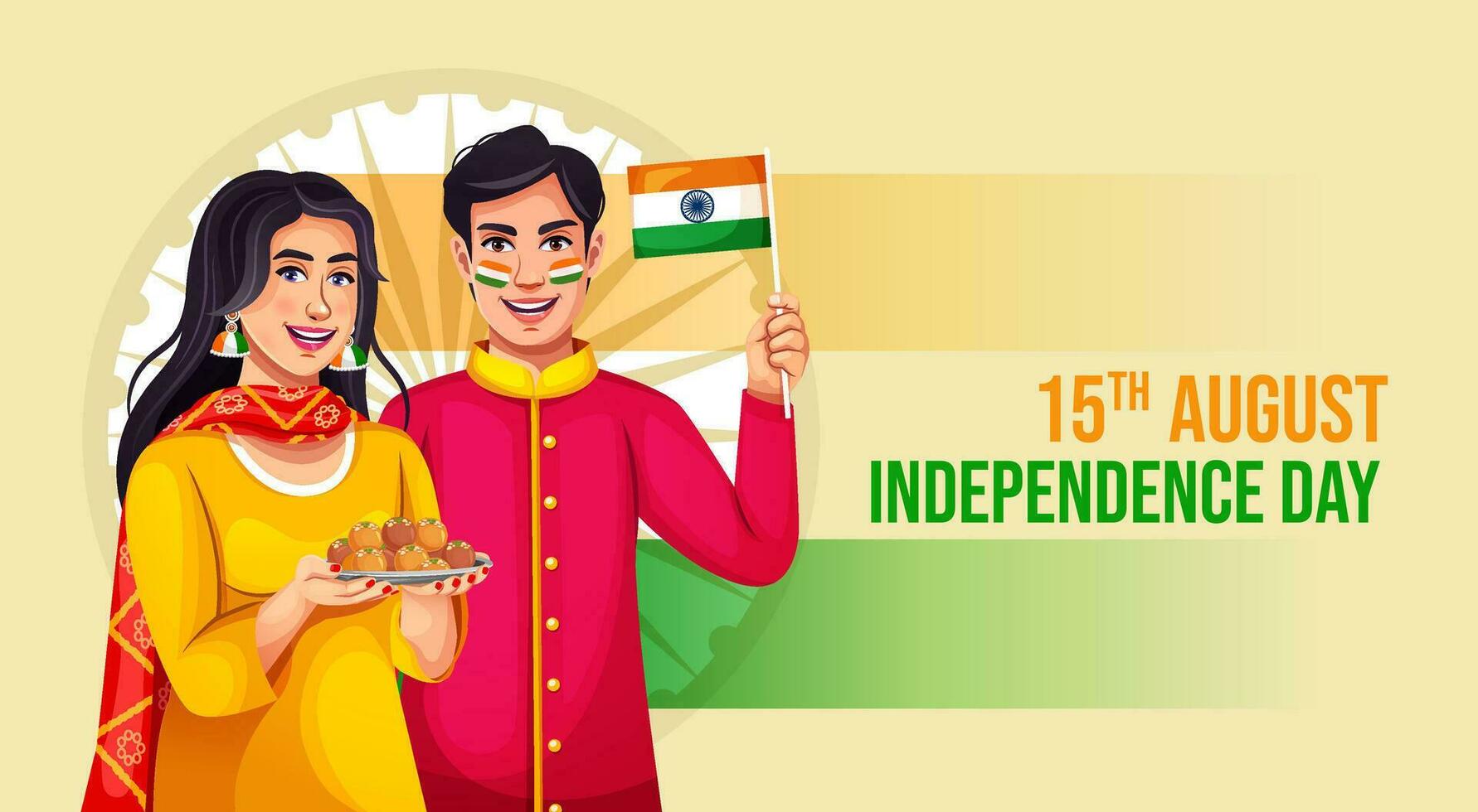 contento indipendenza giorno India celebrazione 15 agosto, uomo sollevamento indiano bandiera saluto manifesto, vettore. vettore