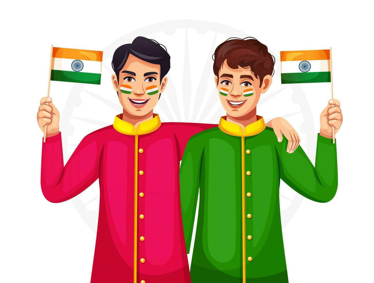contento ragazzi mostrare unità di Tenere indiano bandiere nel loro mani e abbracciare insieme. concetto di diversità, patriottico, e amicizia. vettore