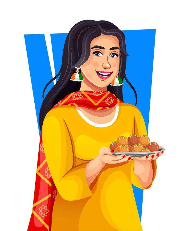 vettore di contento indiano giovane ragazza Tenere indiano dolci su il occasione di indipendenza giorno. festeggiare indiano patriottico festival con indiano dolci nel mano.