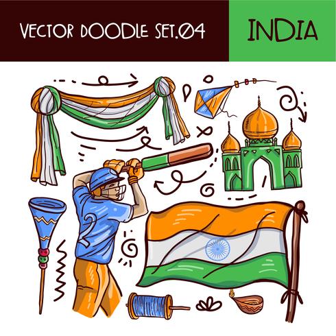 Set di icone di Doodle giorno Repubblica indiana. Stile disegnato a mano di vettore