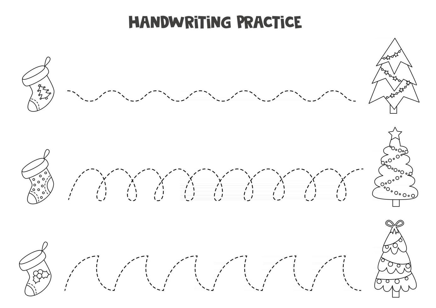 tracciando linee con calze e alberi natalizi in bianco e nero. Pratica di scrittura. vettore