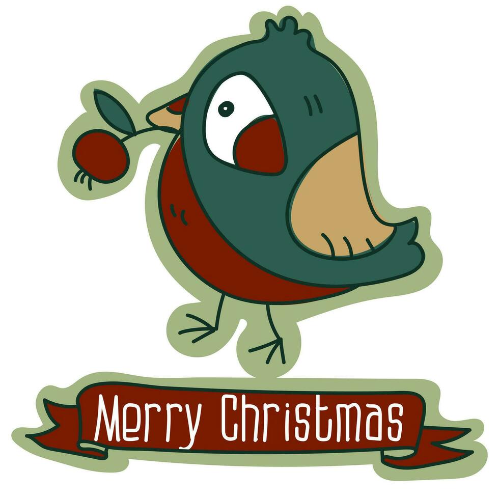 un' cartolina con un' Natale cartone animato uccello nel il modulo di un' ciuffolotto con un' ramo di frutti di bosco, un' cartone animato Natale vettore illustrazione. un' cartolina per il vacanza nel retrò stile. cartone animato oggetto