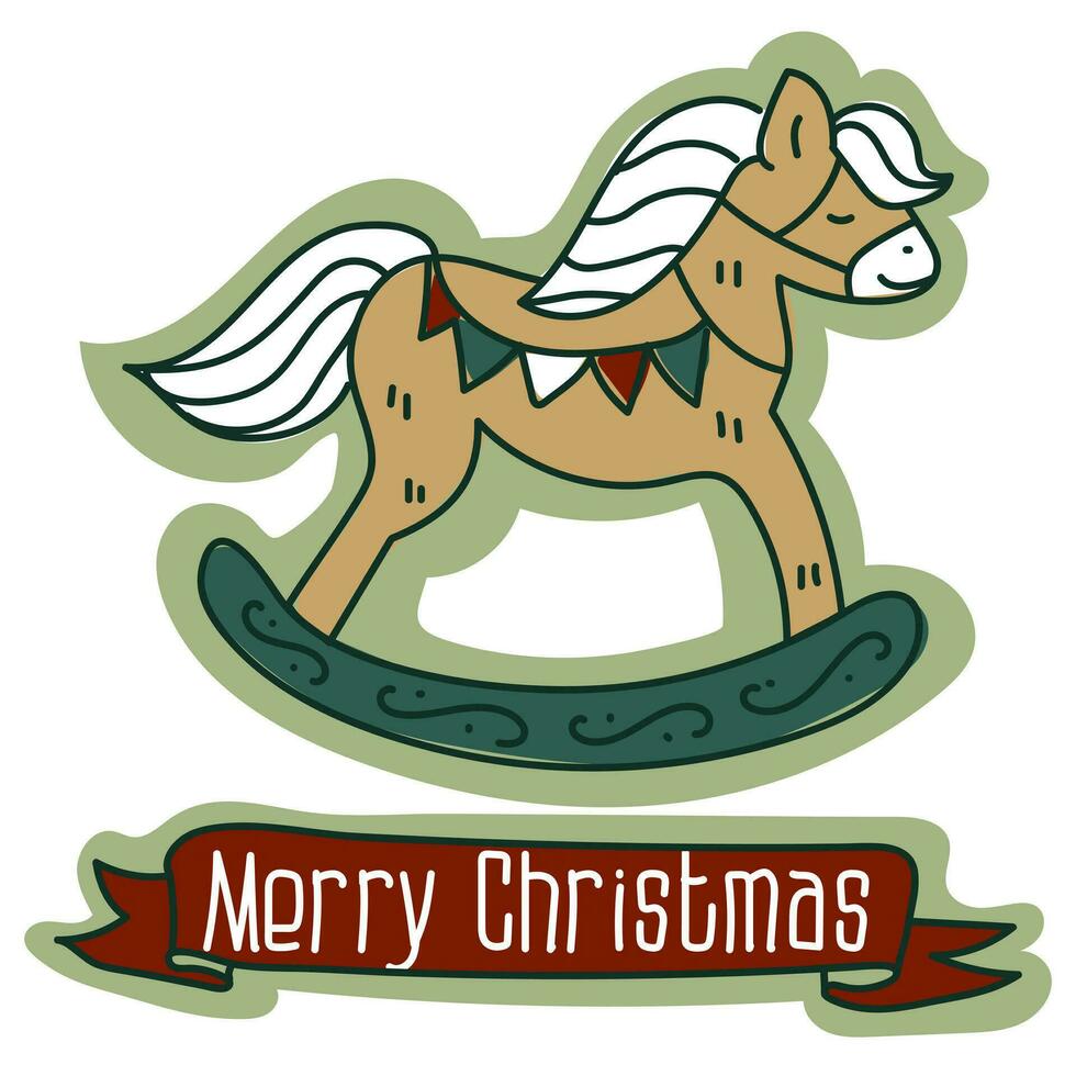 cartolina con un' Natale giocattolo nel il modulo di un' a dondolo cavallo, un' cartone animato Natale vettore illustrazione. un' cartolina per il vacanza nel retrò stile. cartone animato oggetto