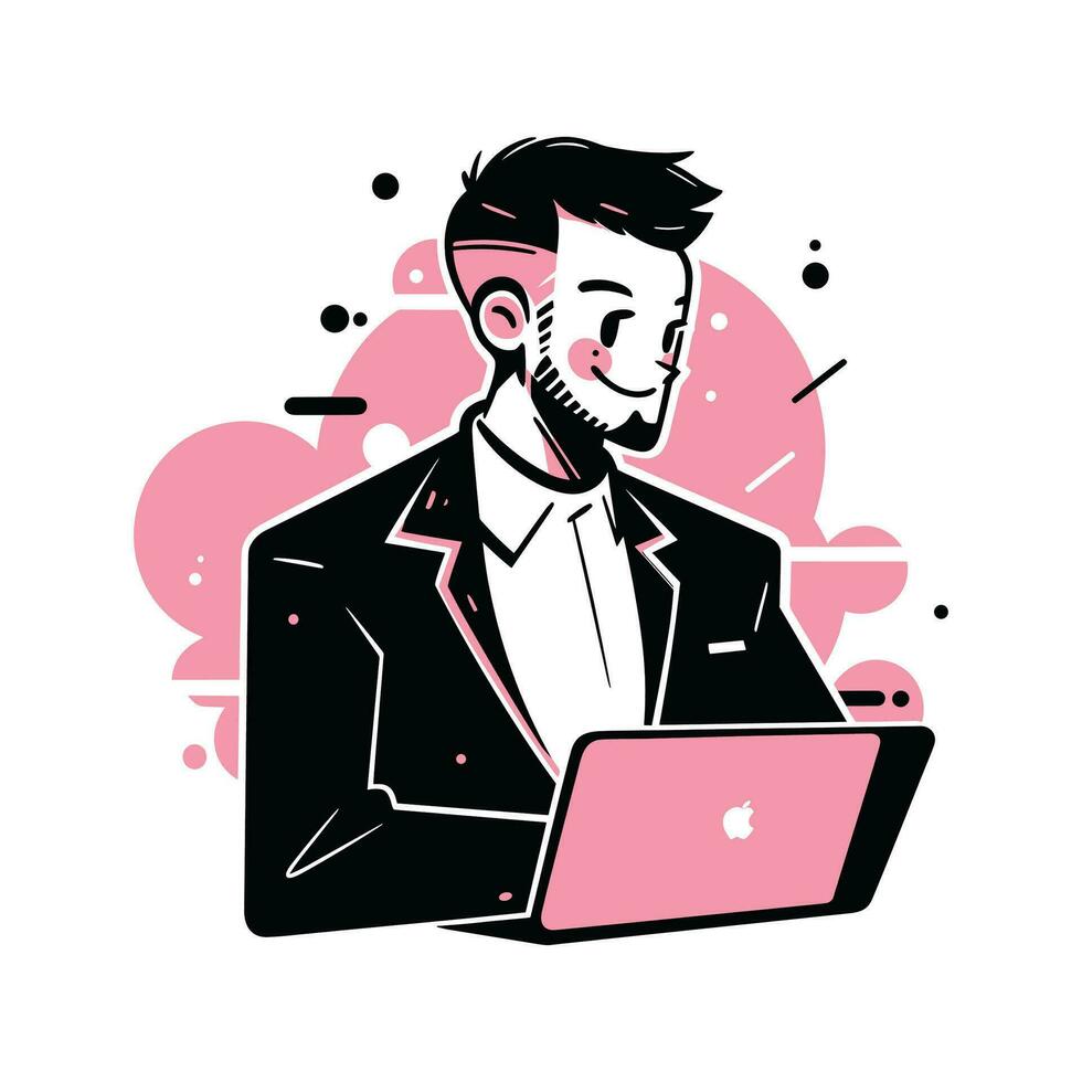 uomo d'affari Lavorando con computer, uomo personaggio nel piatto stile, uomo d'affari cartone animato vettore illustrazione design