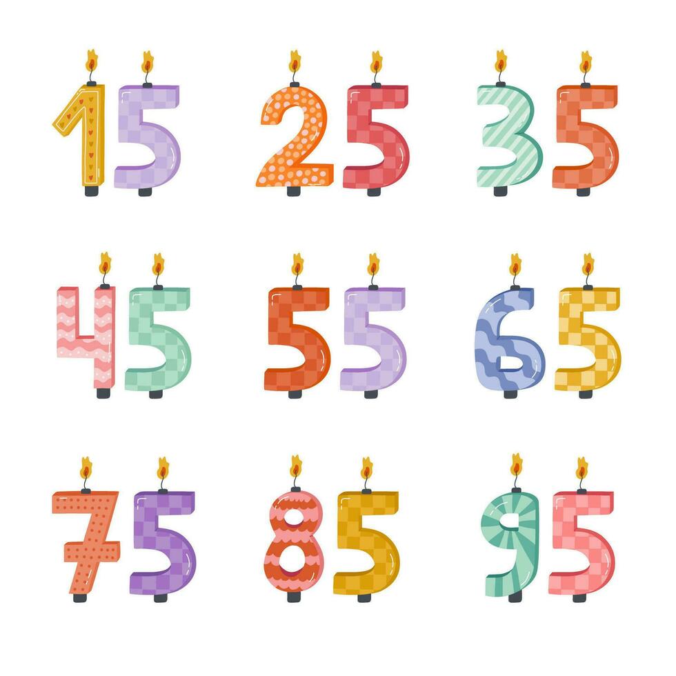 carino impostato con compleanno numero candele a partire dal 0 per 9 con ardente fiamme nel scandinavo stile. decorazione per vacanza torta per celebrazione anniversario, compleanno, nozze. stilizzato mano disegnato clipart vettore