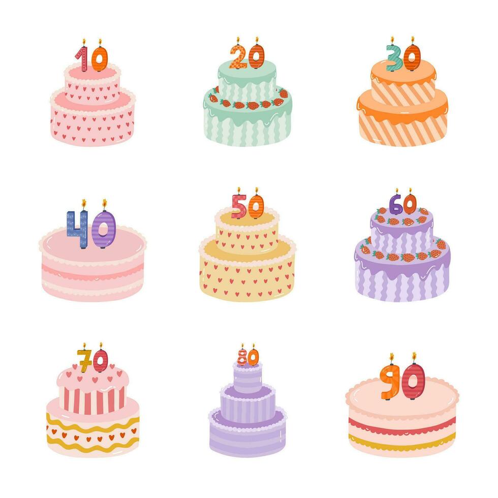 impostato di compleanno torta con ardente candele nel il modulo di numeri. dolce per celebrazione ogni anno di nascita, anniversario. stilizzato mano disegnato clipart di vacanza Cupcake nel il scandinavo stile vettore